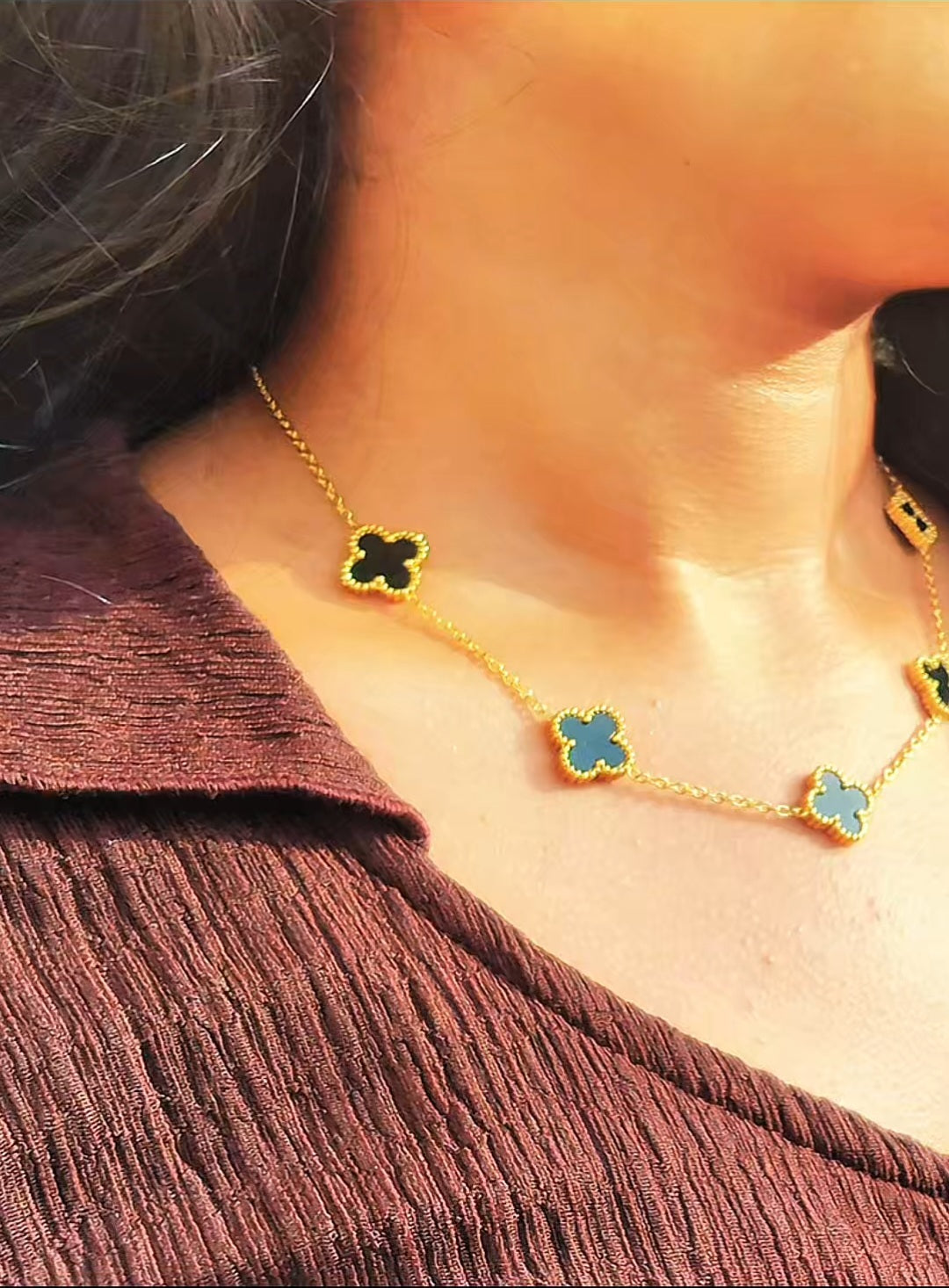 Anti-Tarnish Black Clover Jewelry Set – Gold Necklace, Bracelet, Ring & Stud Earrings (4 Pcs)