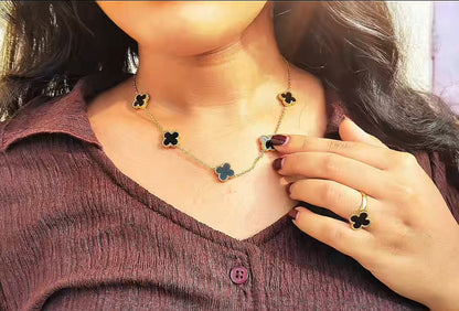 Anti-Tarnish Black Clover Jewelry Set – Gold Necklace, Bracelet, Ring & Stud Earrings (4 Pcs)