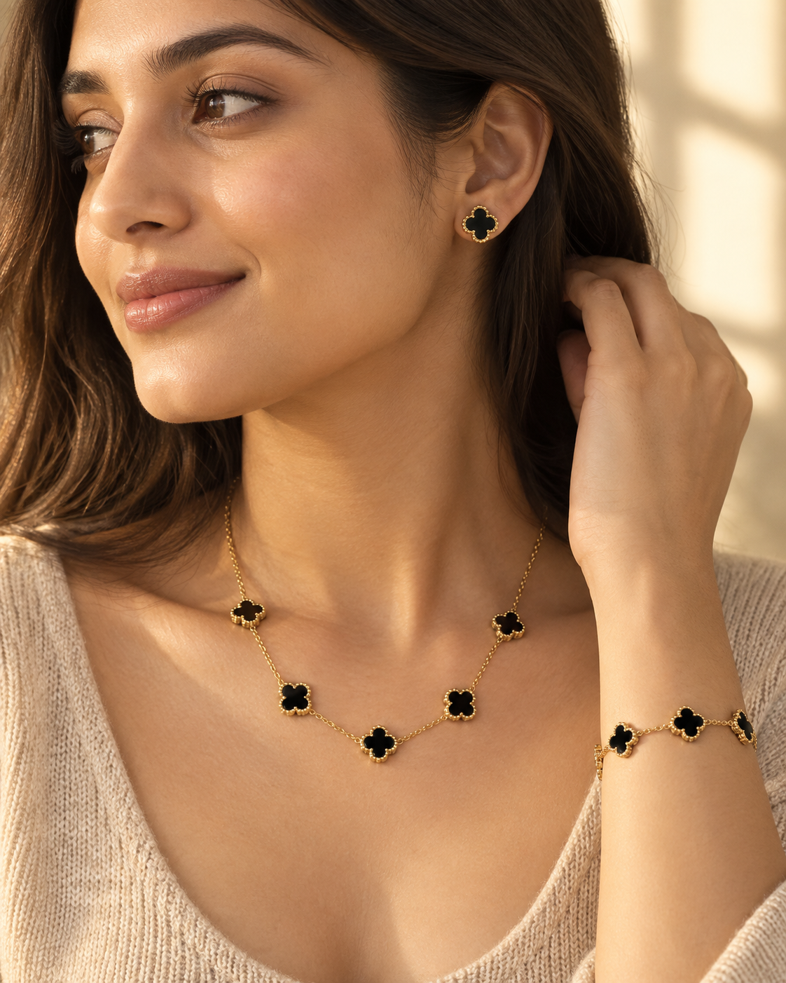 Anti-Tarnish Black Clover Jewelry Set – Gold Necklace, Bracelet, Ring & Stud Earrings (4 Pcs)