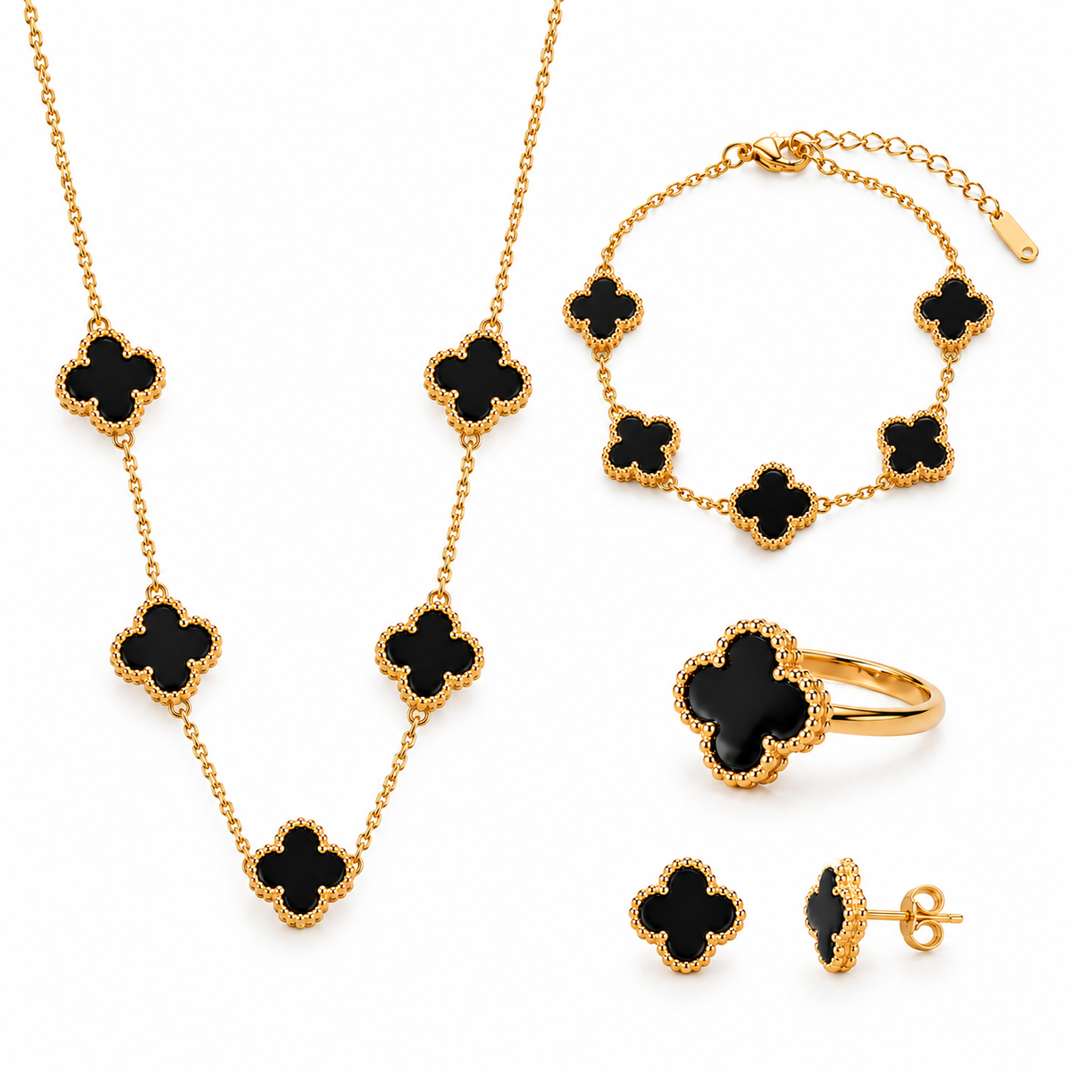 Anti-Tarnish Black Clover Jewelry Set – Gold Necklace, Bracelet, Ring & Stud Earrings (4 Pcs)