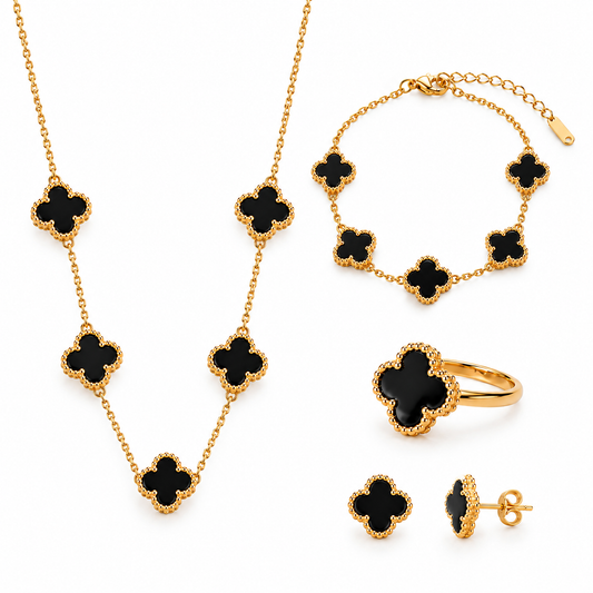 Anti-Tarnish Black Clover Jewelry Set – Gold Necklace, Bracelet, Ring & Stud Earrings (4 Pcs)